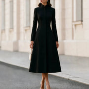 Women's French-Style Stand Collar Trench Coat | Belted A-Line Dress Coat