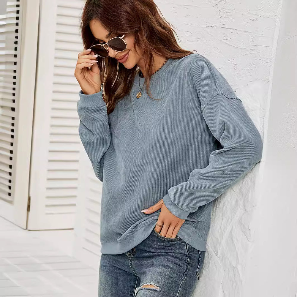 Women's Corduroy Pullover Sweatshirt | Solid Round Neck Long Sleeve Top