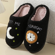 Women's Moon & Clock Print Plush Slippers | Warm Winter House Shoes