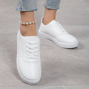 Women's Round Toe White Casual Shoes – Flat Platform Lace-Up Sneakers