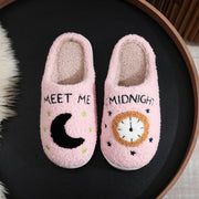Women's Moon & Clock Print Plush Slippers | Warm Winter House Shoes