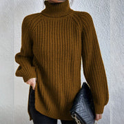 Women's Turtleneck Split Design Sweater | Long Sleeve Solid Color Pullover