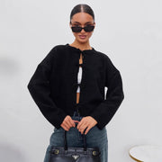 Women's Lace-Up Loose Knit Cardigan, Solid Color Sweater – Casual