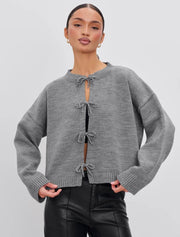 Women's Lace-Up Loose Knit Cardigan, Solid Color Sweater – Casual