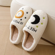 Women's Moon & Clock Print Plush Slippers | Warm Winter House Shoes