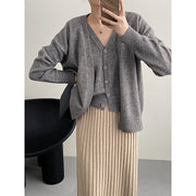 Women's V-Neck Knit Cardigan & Vest Two-Piece Set – Short Sweater Suit