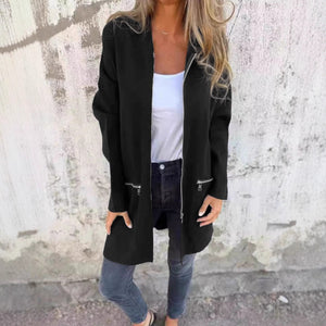 Women's Long Hooded Open Front Cardigan | Loose Zip Pocket Outerwear