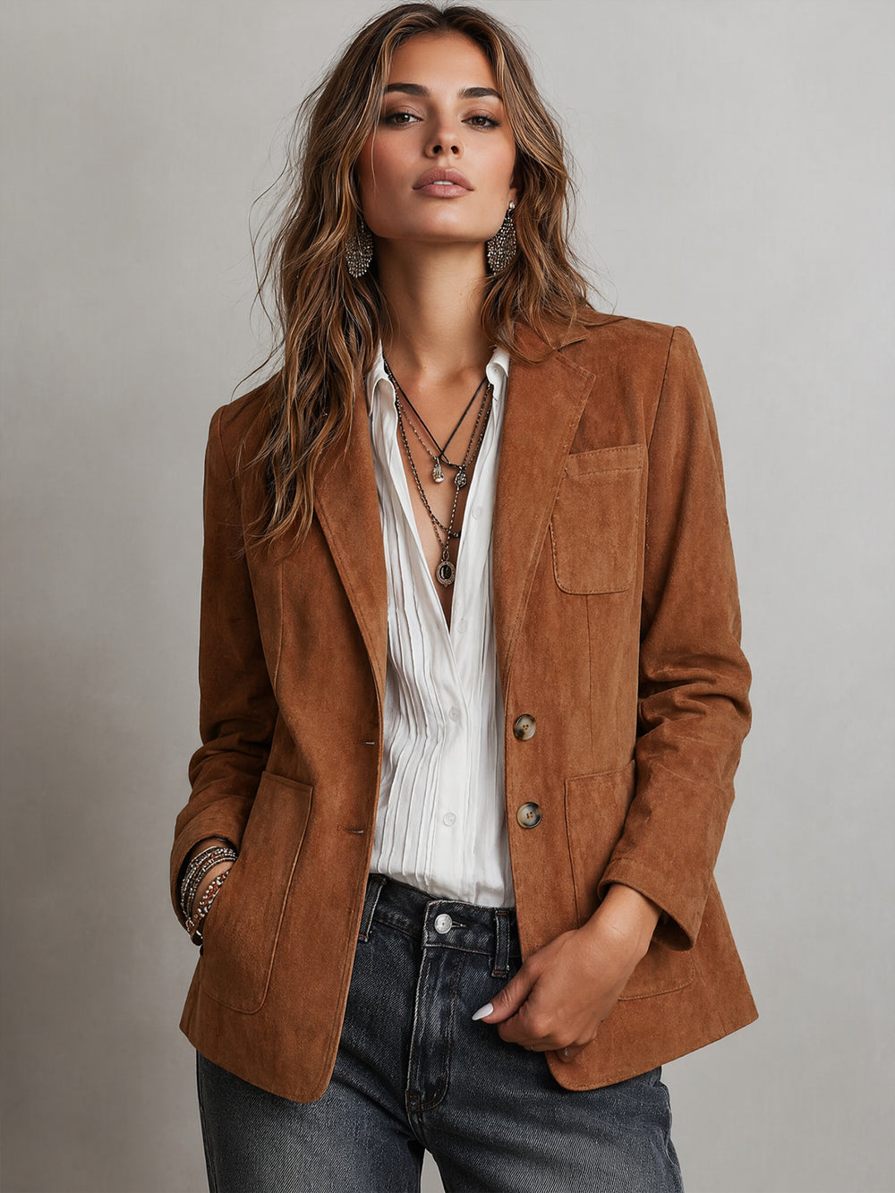 Women's Retro Faux Suede Blazer Jacket | Loose Fit Lapel Coat