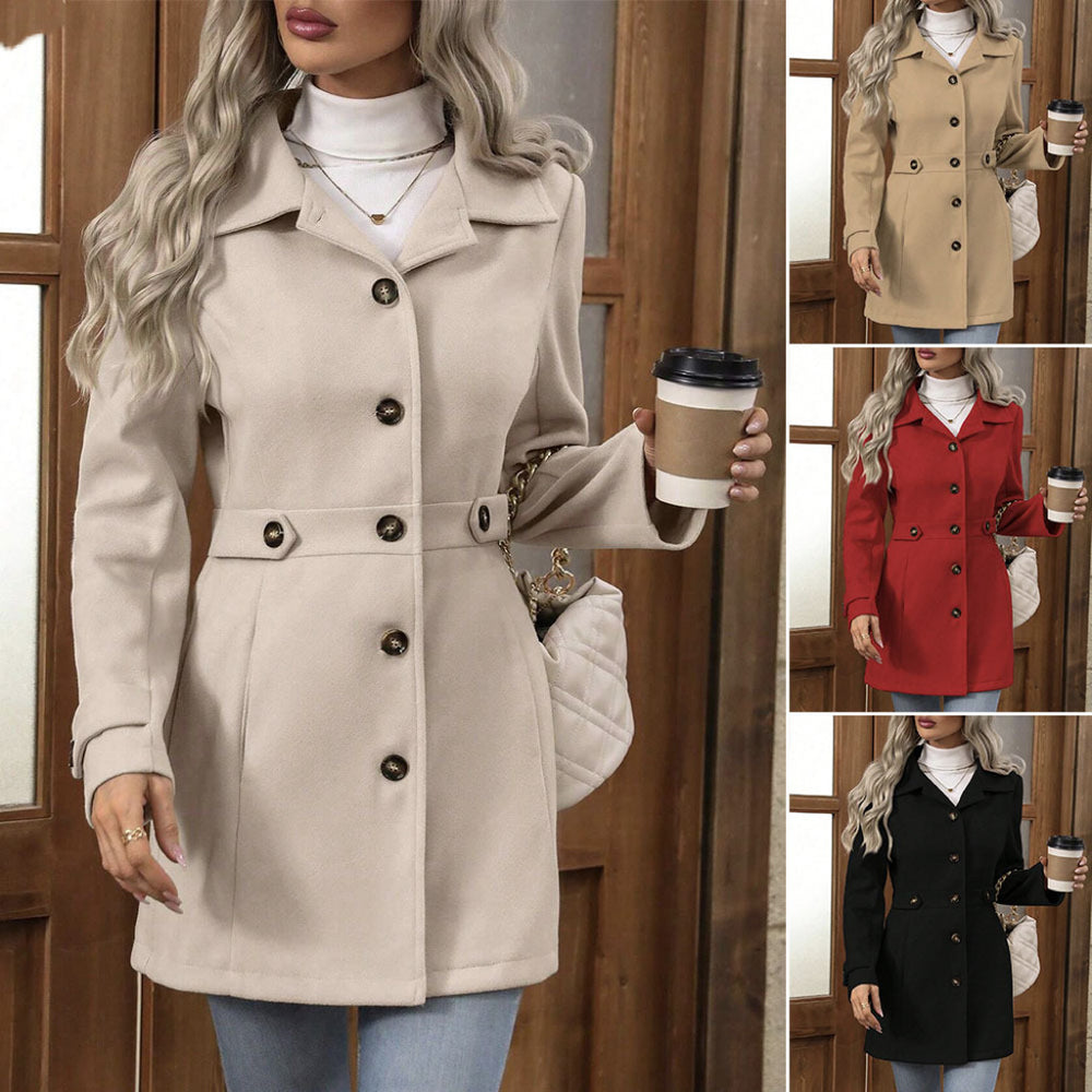 Women's Elegant Single-Breasted Woolen Coat | Mid-Length Lapel Jacket