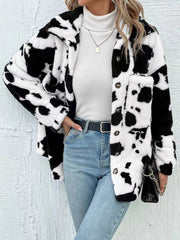 Women's Double-Sided Plush Cow Print Jacket | Pocket Top Outerwear