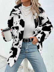 Women's Double-Sided Plush Cow Print Jacket | Pocket Top Outerwear