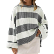Women's Loose Batwing Sleeve Striped Sweater | Casual Round Neck Knit Top
