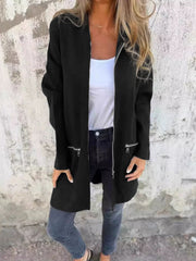 Women's Long Hooded Open Front Cardigan | Loose Zip Pocket Outerwear