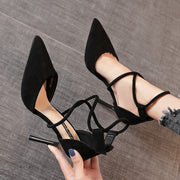 Women's Pointed Cross Lace-Up High Heel Pumps | Elegant Suede Dress Shoes