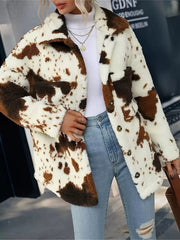 Women's Double-Sided Plush Cow Print Jacket | Pocket Top Outerwear