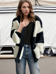 Women's Loose V-Neck Knit Cardigan, Striped – Casual
