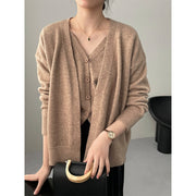 Women's V-Neck Knit Cardigan & Vest Two-Piece Set – Short Sweater Suit