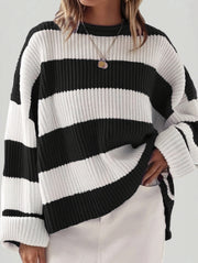 Women's Loose Batwing Sleeve Striped Sweater | Casual Round Neck Knit Top