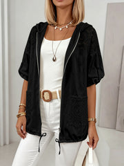Women's Plus Size Hollow-Out Hooded Cardigan | Drawstring Jacket