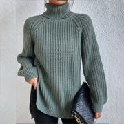 Women's Turtleneck Split Design Sweater | Long Sleeve Solid Color Pullover