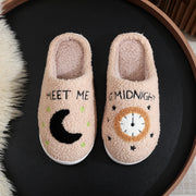 Women's Moon & Clock Print Plush Slippers | Warm Winter House Shoes