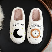 Women's Moon & Clock Print Plush Slippers | Warm Winter House Shoes