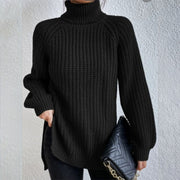 Women's Turtleneck Split Design Sweater | Long Sleeve Solid Color Pullover