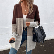 Women's Contrast Color Long Cardigan Sweater, Long Sleeve – Autumn/Winter Casual