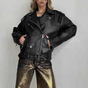 Women's Loose Fit PU Leather Biker Jacket | Vintage Boyfriend Style