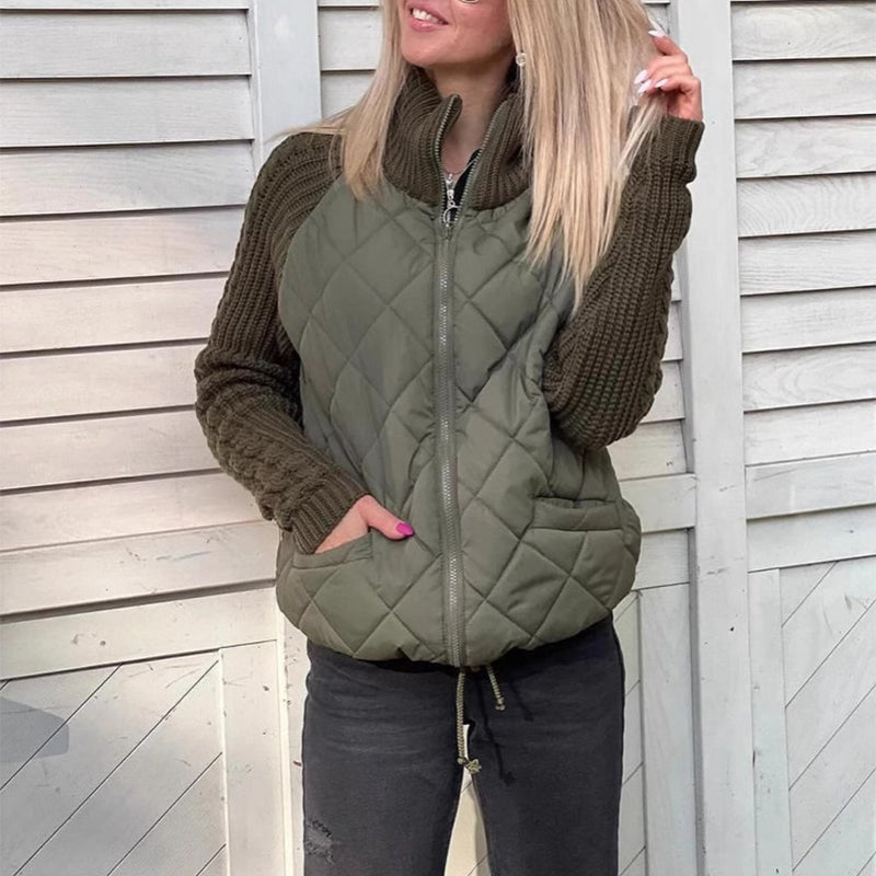 Women's Winter Stand Collar Cotton Jacket | Knitted Stitching Zipper Coat
