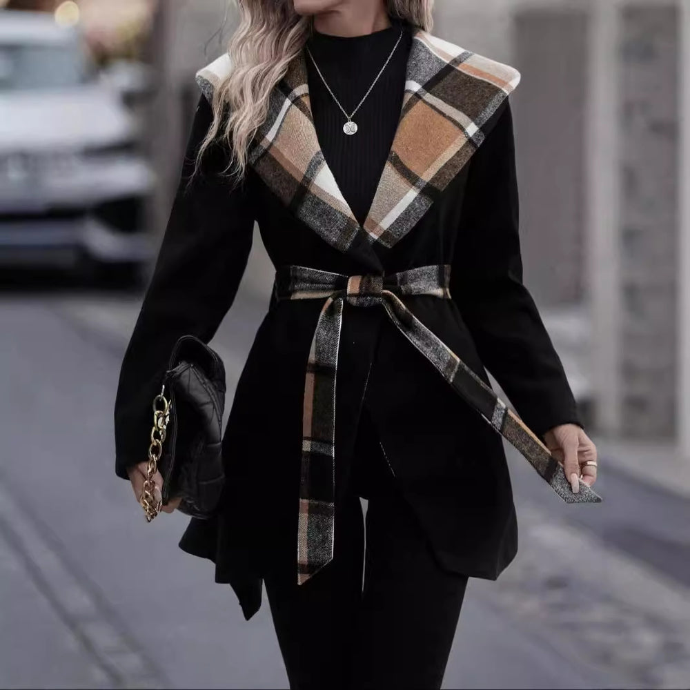 Women's Lace-Up Plaid Wool Trench Coat | Commuter Outerwear
