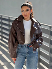 Women's Vintage Lapel Slim-Fit PU Leather Biker Jacket | Outerwear