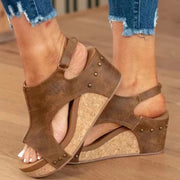 Women's Wedge Peep Toe Platform Sandals | Rivet Detail Patent Leather