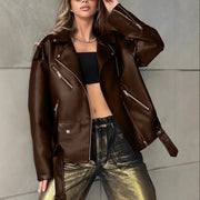 Women's Loose Fit PU Leather Biker Jacket | Vintage Boyfriend Style