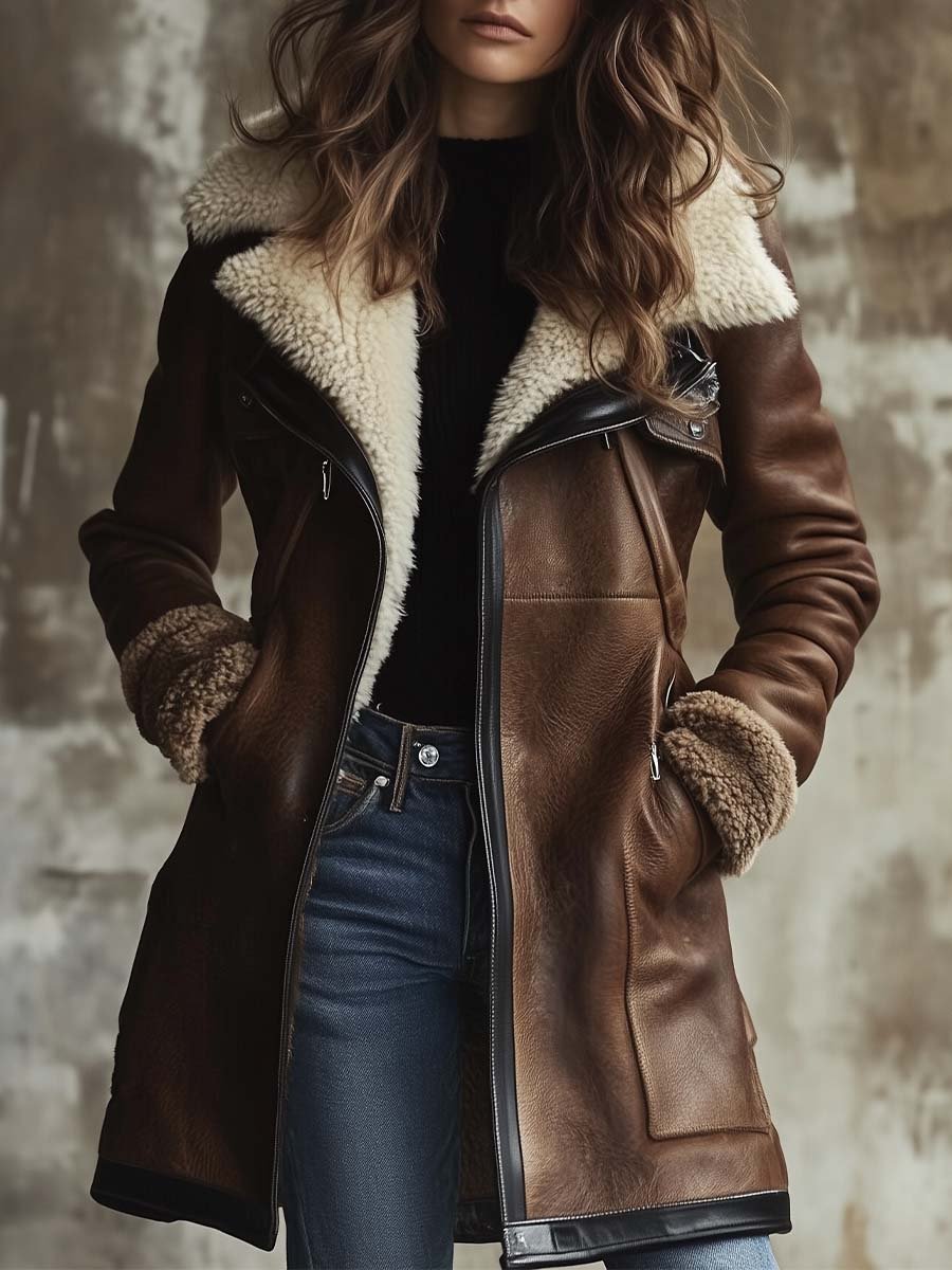 Women's Vintage Contrast Collar Faux Leather Coat | Outerwear