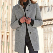 Women's Stand Collar Woolen Coat | Slim Fit Button Outwear with Pockets
