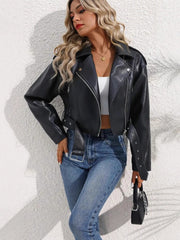 Women's Vintage Lapel Slim-Fit PU Leather Biker Jacket | Outerwear