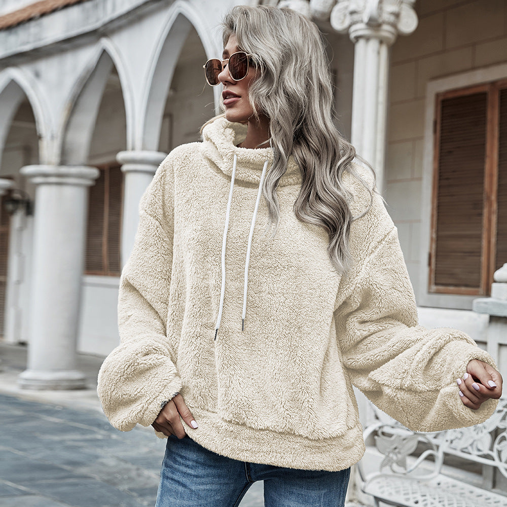 Women's Hooded Plush Loose Sweater | Solid Color Cozy Pullover