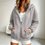 Women's Loose-Fit Zip-Up Hoodie | Cotton Drawstring Sweatshirt