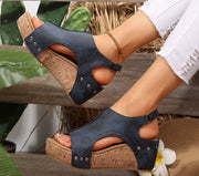 Women's Wedge Peep Toe Platform Sandals | Rivet Detail Patent Leather