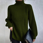 Women's Turtleneck Split Design Sweater | Long Sleeve Solid Color Pullover