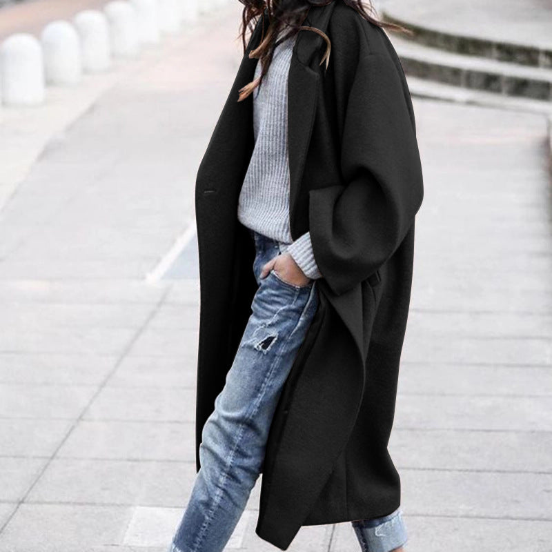 Women's Casual Long Woolen Coat | Single Breasted Lapel Jacket with Pockets