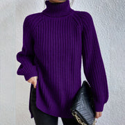 Women's Turtleneck Split Design Sweater | Long Sleeve Solid Color Pullover