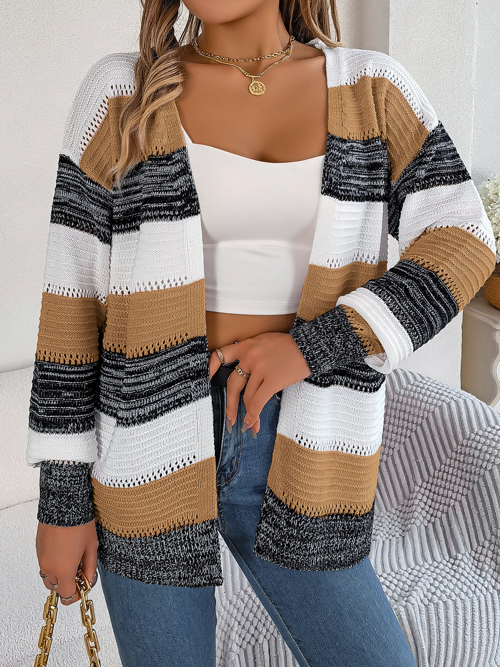 Women's Color Block Lantern Sleeve Cardigan Coat – Casual