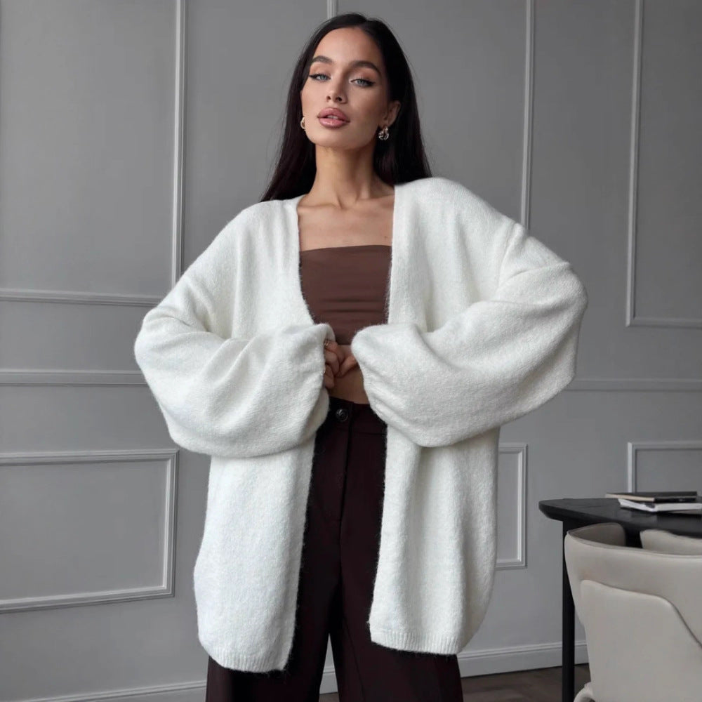 Women's Solid Color Mid-Length Knit Cardigan Top – Casual