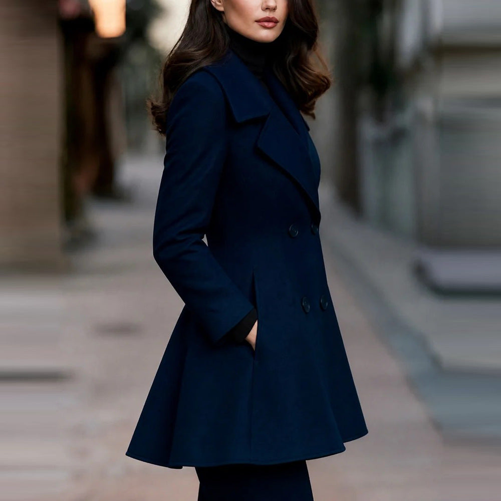 Women's Double-Breasted Lapel Coat | Solid Color Winter Outerwear