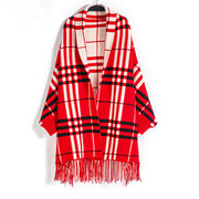 Women's Plaid Knit Cardigan, Mid-Length Tassel Shawl Coat – Casual