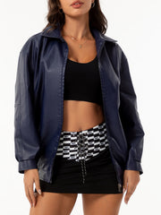 Women's Oversize Faux Leather Jacket | Loose Lapel Coat