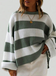 Women's Loose Batwing Sleeve Striped Sweater | Casual Round Neck Knit Top