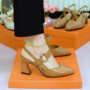 Women's Closed Toe Chunky Heel Sandals | Leather Backless Pumps